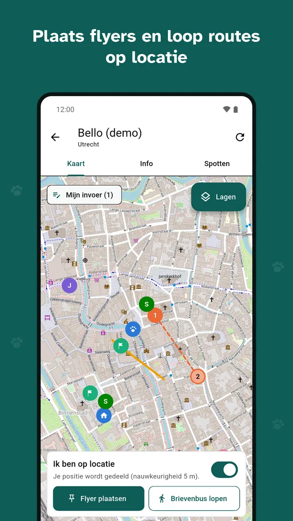 De kaart in de app met Ik ben op locatie aan en de knoppen Flyer plaatsen, Brievenbus lopen, Ik zie hem nu en Iemand anders zag hem.