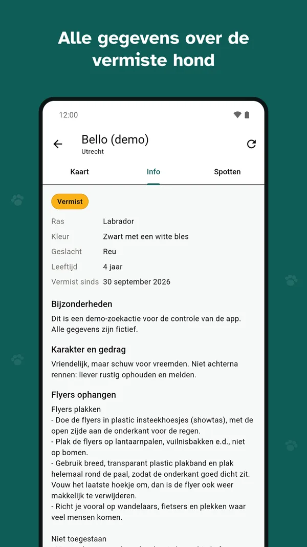 De tab Info in de app met de gegevens van de hond, bijzonderheden en instructies voor het ophangen van flyers.