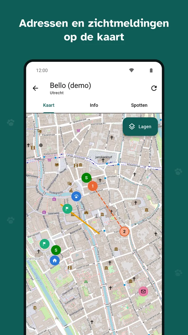 De kaart in de app met pins voor adressen, flyers en een gemaild bedrijf, genummerde zichtmeldingen met een streeplijn en een brievenbusroute.