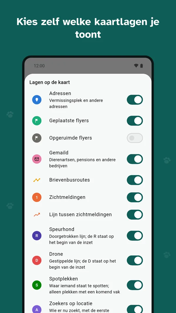 Het lagenpaneel in de app, met schakelaars voor adressen, flyers, gemaild, brievenbusroutes, zichtmeldingen, speurhond, drone, spotplekken en zoekers op locatie.