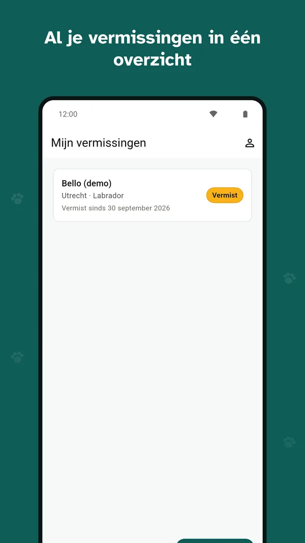 Het overzicht Mijn vermissingen in de app, met één zoekactie: Bello, status Vermist.