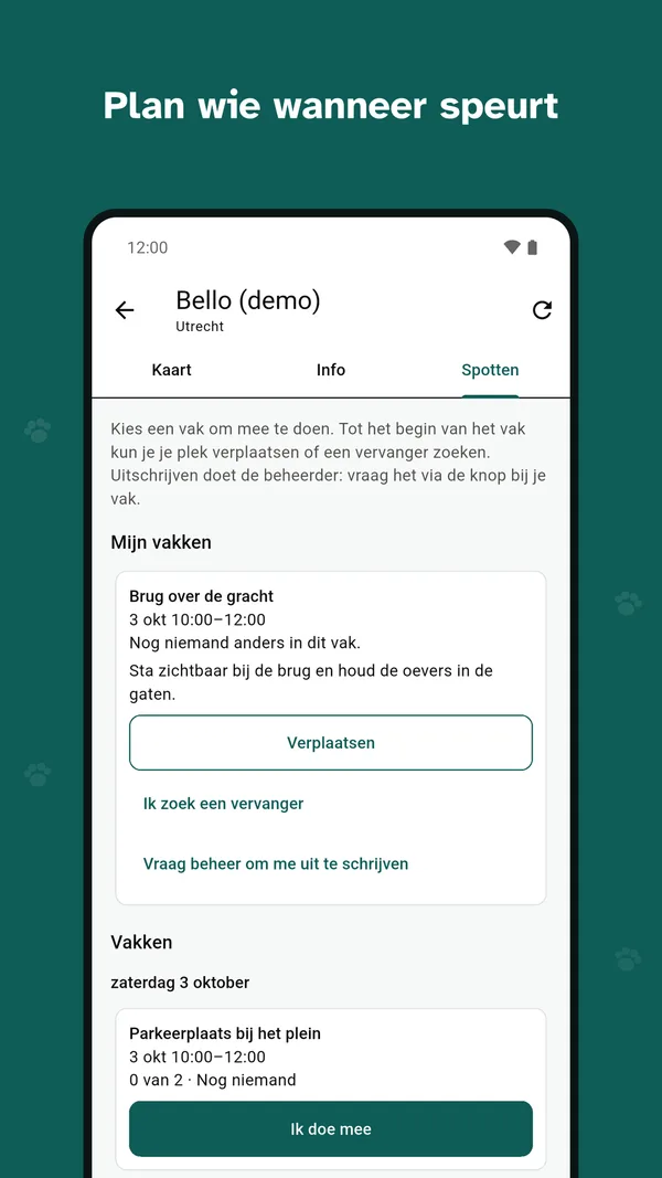 De tab Spotten in de app met een eigen vak en de vakken van morgen waar je je voor kunt inschrijven.